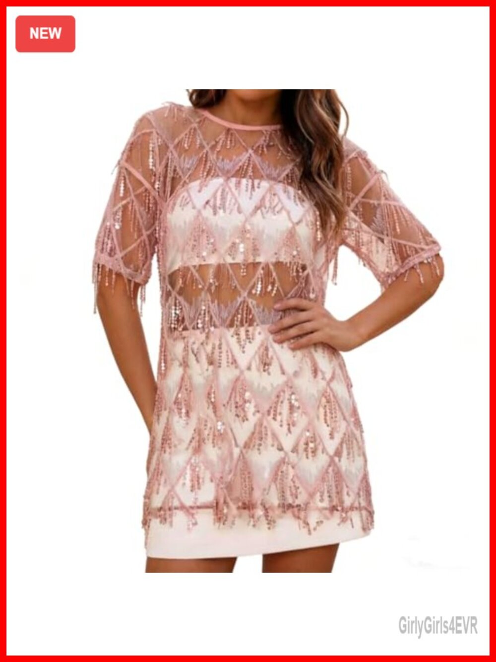 Sequin Fringe Short Sleeve Sheer Mesh Loose Party Cover Up Top